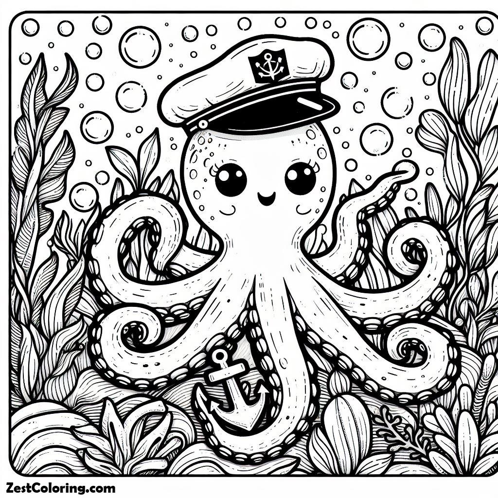octopus, Octopus With Sailor Hat Coloring Page: Octopus With Sailor Hat Coloring PageFull Size Image