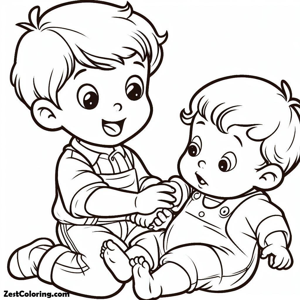 Older Brother Take Care Of His - Older Brother Take Care Of His Baby Brother Coloring Page