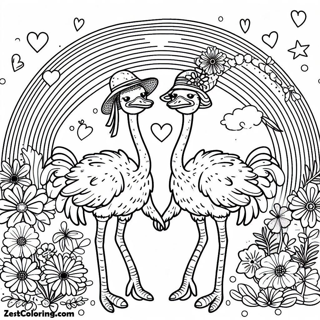 Ostrich, Ostrich Couple Under The Rainbow Coloring Page: Ostrich Couple Under The Rainbow Coloring PageFull Size Image