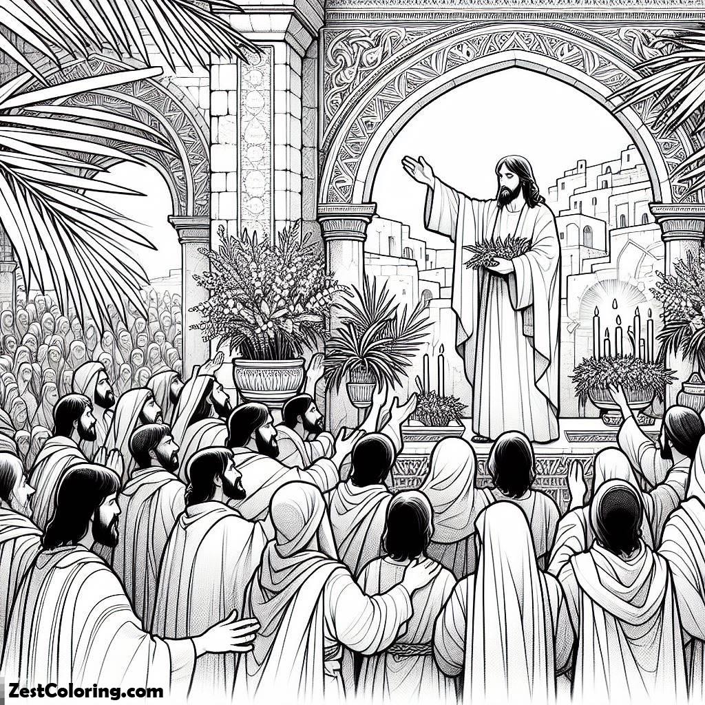 Palm Sunday, People Worship Jesus In Jerusalem In Palm Sunday Coloring Page: People Worship Jesus In Jerusalem In Palm Sunday Coloring PageFull Size Image