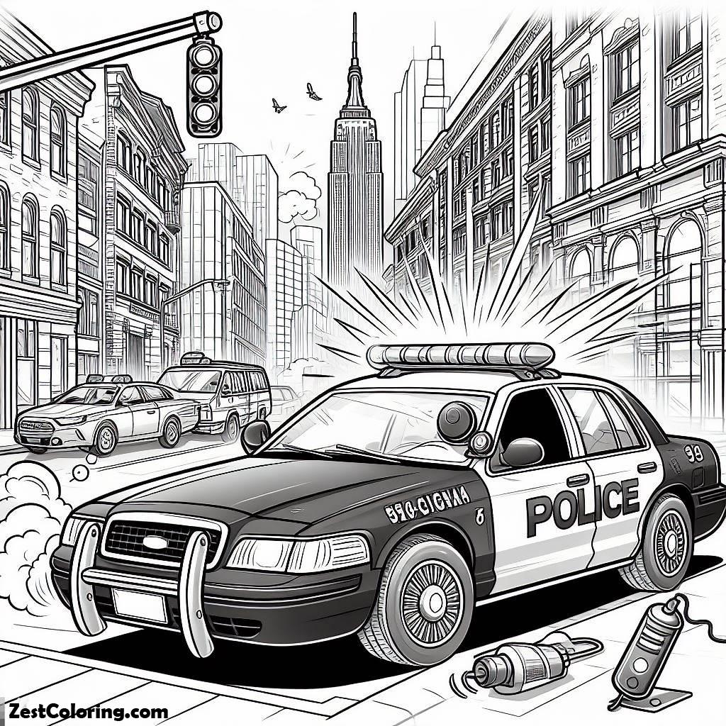 Police Car, Police Car Sirene Screaming In The Street Coloring Page: Police Car Sirene Screaming In The Street Coloring PageFull Size Image