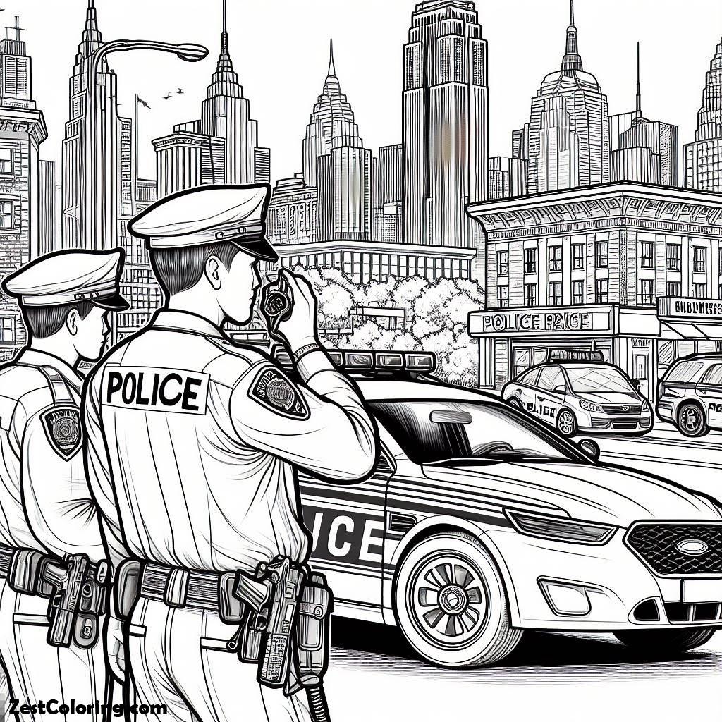 Police Car, Police Man Reporting To Head Quarter In Police Car Coloring Page: Police Man Reporting To Head Quarter In Police Car Coloring PageFull Size Image