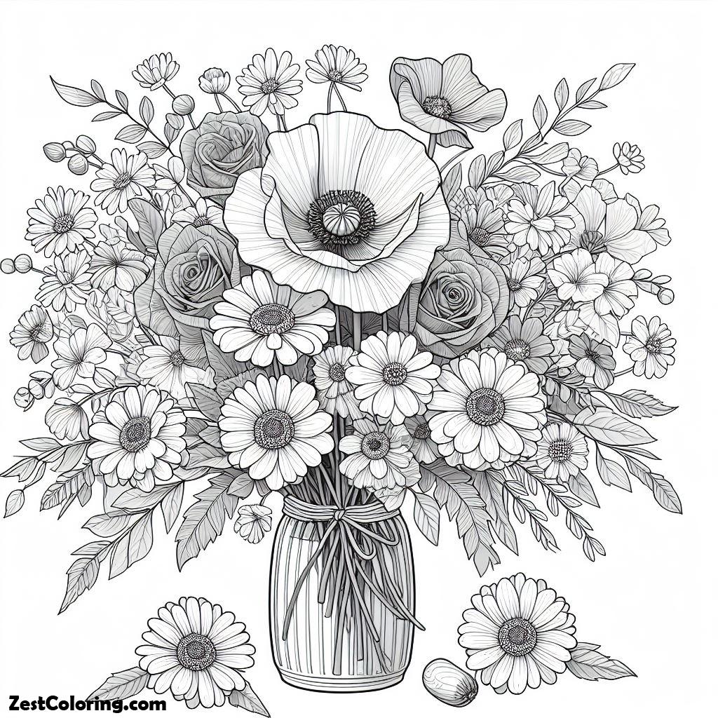 Poppy Flower, Poppy In The Middle For Flower Arrangement Coloring Page: Poppy In The Middle For Flower ArrangementFull Size Image