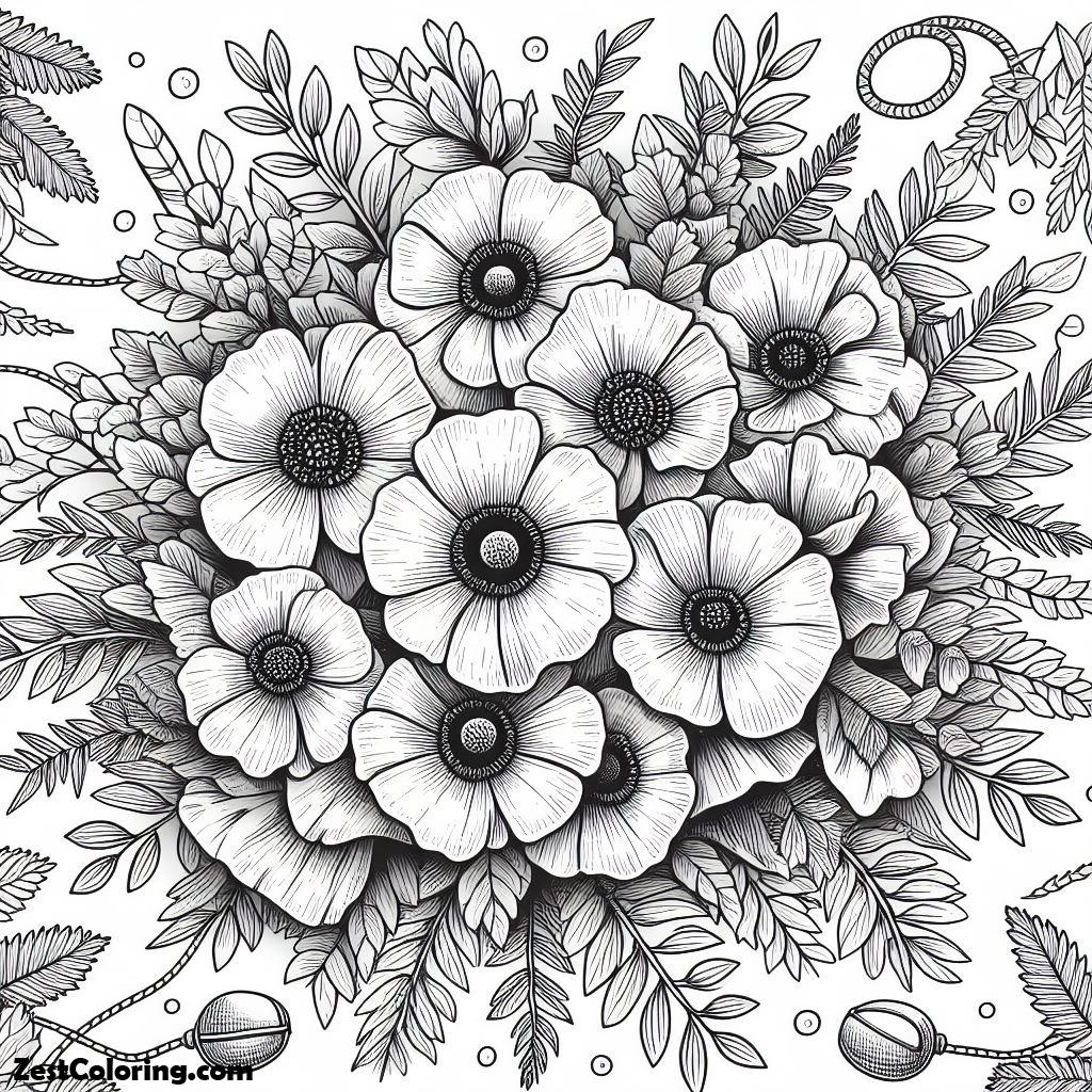 Poppy Flower, Remembrance Day With Beautiful Bouquet Of Poppy Coloring Page: Remembrance Day With Beautiful Bouquet Of Poppy Coloring PageFull Size Image