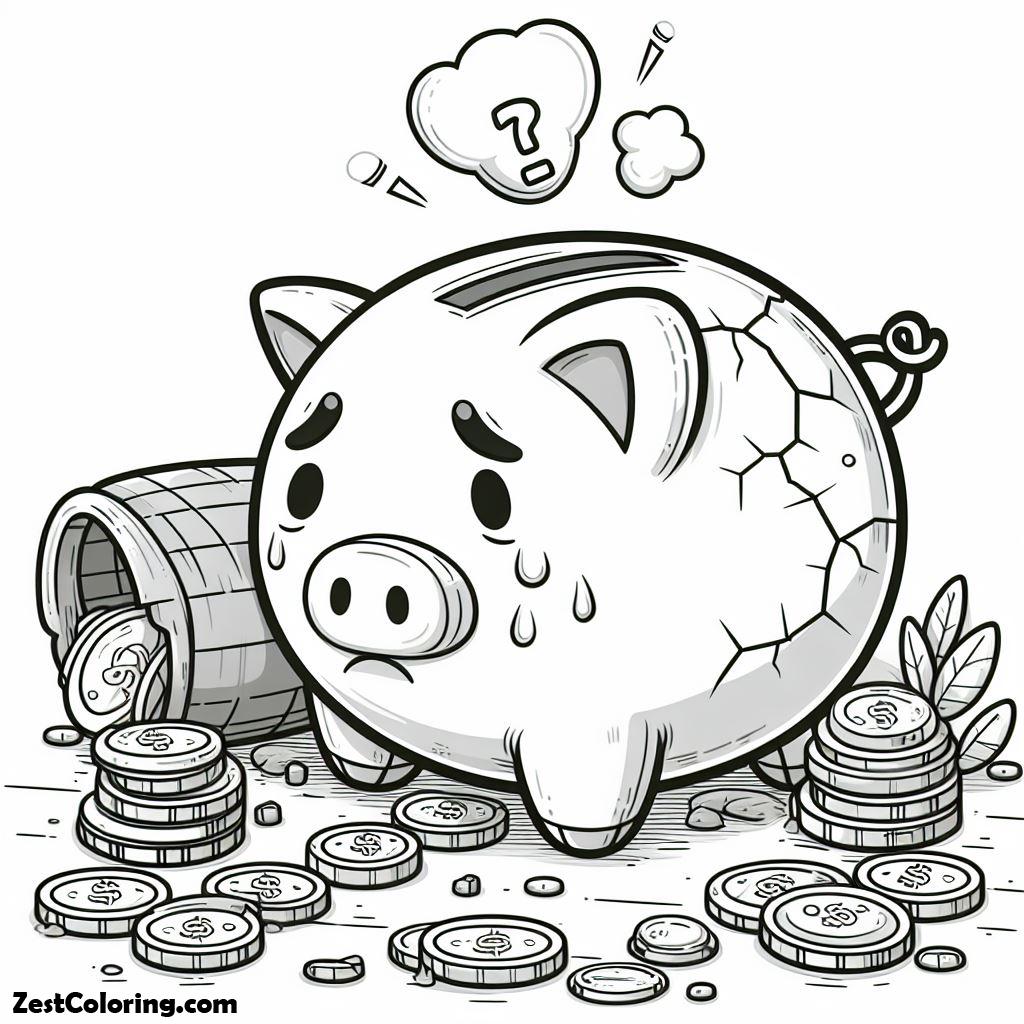 Piggy Bank, Sad Broken Piggy Bank Coloring Page: Sad Broken Piggy Bank Coloring PageFull Size Image