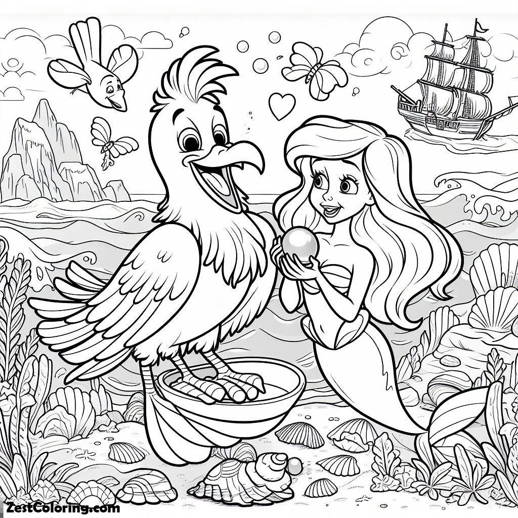 Ariel, Scuttle Give Ariel A Pearl Coloring Page: Scuttle Give Ariel A Pearl Coloring PageFull Size Image