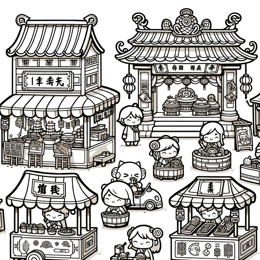 Chinese New Year, Temple Fair Chinese New Year Coloring Page 2: Temple Fair Chinese New Year Coloring Page 2Full Size Image