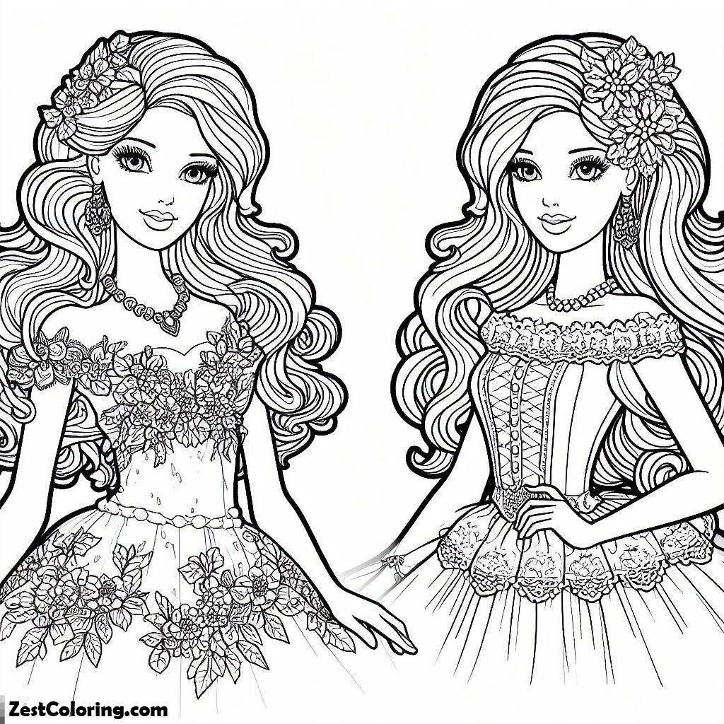 Barbie Doll, Two Beautiful Barbie Doll Coloring Page: Two Beautiful Barbie Doll Coloring PageFull Size Image