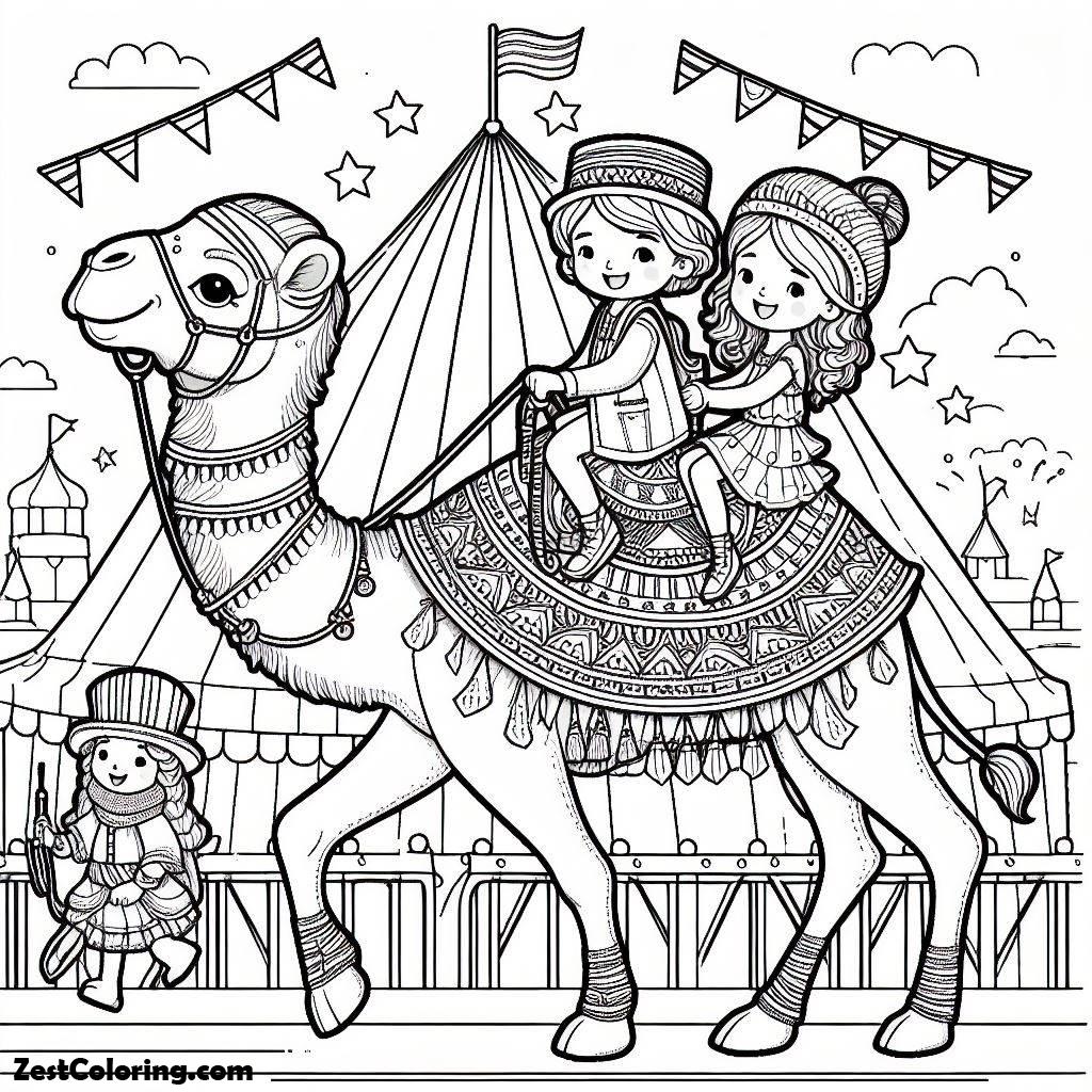 Circus, Two Kids Ride A Camel At Circus Coloring Page: Two Kids Ride A Camel At Circus Coloring PageFull Size Image