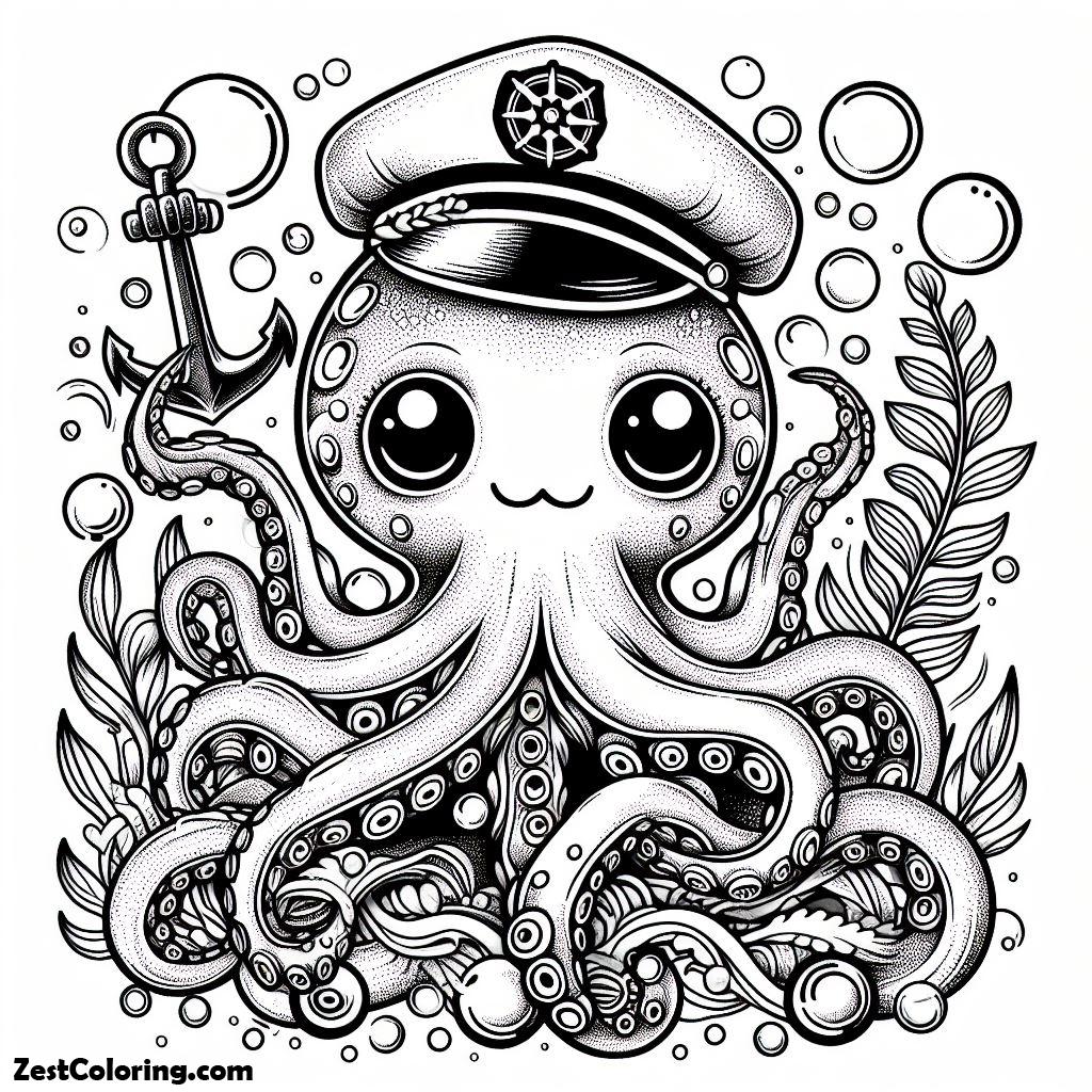 octopus, Wonderful Octopus With Sailor Hat Coloring Page: Wonderful Octopus With Sailor Hat Coloring PageFull Size Image