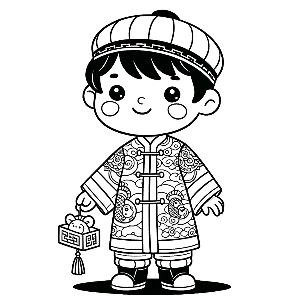 Chinese New Year, A Boy In Traditional Chinese Clothing Coloring Page 2: A Boy In Traditional Chinese Clothing Coloring Page 2Full Size Image