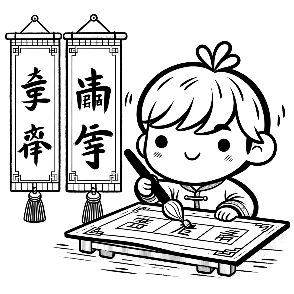 Chinese New Year, A Child Practicing Calligraphy And Traditional Couplets Chinese New Year Colorng Page 2 Coloring Page: A Child Practicing Calligraphy And Traditional Couplets Chinese New Year Colorng Page 2Full Size Image