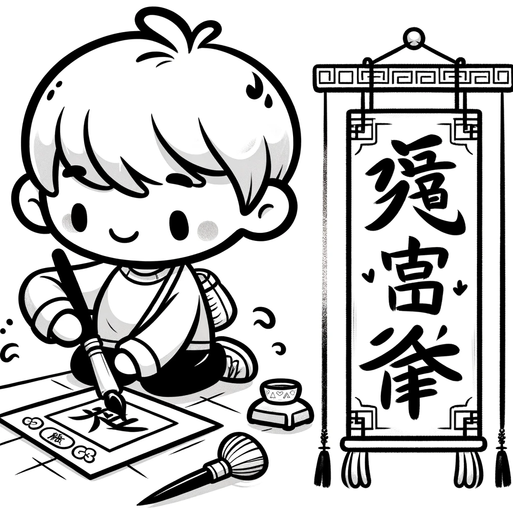 Chinese New Year, A Child Practicing Calligraphy And Traditional Couplets Chinese New Year Colorng Page Coloring Page: A Child Practicing Calligraphy And Traditional Couplets Chinese New Year Colorng PageFull Size Image