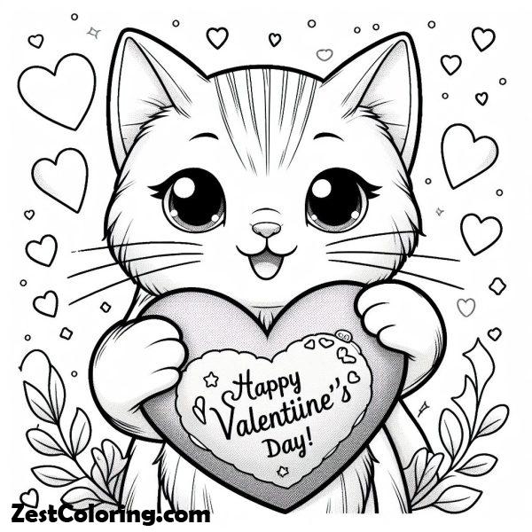 Cat Holding Happy Valentine’s Day Heart Coloring Page 2 : Coloring for ...