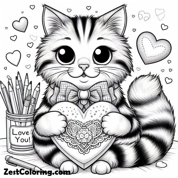 Cat Holding Happy Valentine’s Day Heart Coloring Page 3 : Coloring for ...