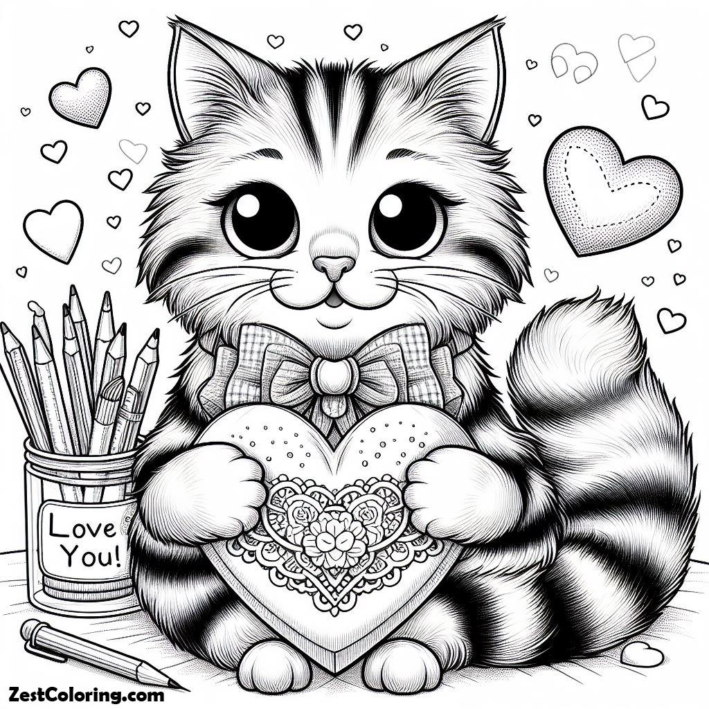 Valentine Day, Cat Holding Happy Valentine’s Day Heart Coloring Page 3: Cat Holding Happy Valentine's Day Heart Coloring Page 3Full Size Image
