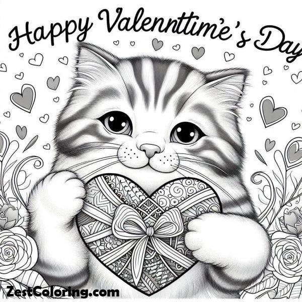 Cat Holding Happy Valentine’s Day Heart Coloring Page : Coloring for ...