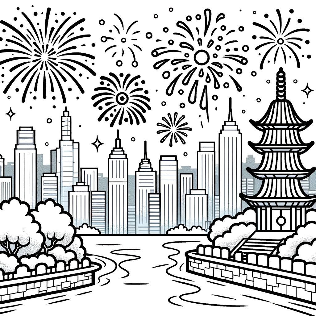 Chinese New Year, Fireworks Over A River And A Traditional Chinese Pagoda Chinese New Year Coloring Page: Fireworks Over A River And A Traditional Chinese Pagoda Chinese New Year Coloring PageFull Size Image