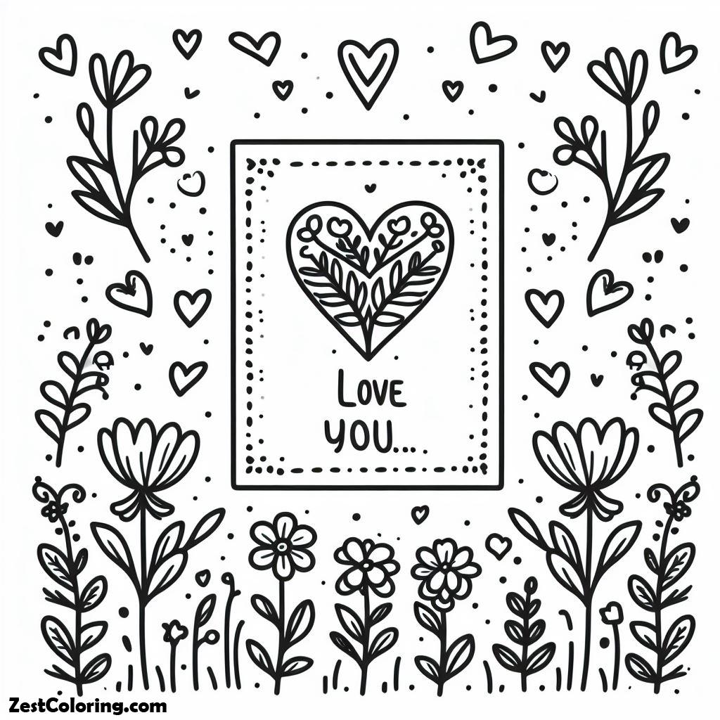 Valentine Day, Simple Card Outline With Hearts,flowers, And Valentine’s Message Coloring Page 2: Simple Card Outline With Hearts,flowers, And Valentine's Message Coloring Page 2Full Size Image