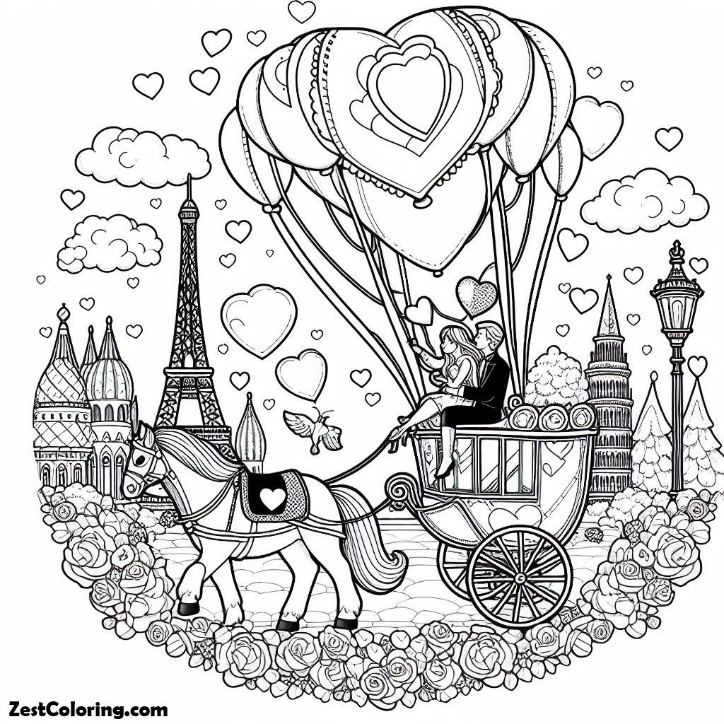 Valentine Day, Valentine’s Day Balloon Ride Coloring Page Line Art: Valentine's Day Balloon Ride Coloring Page Line ArtFull Size Image