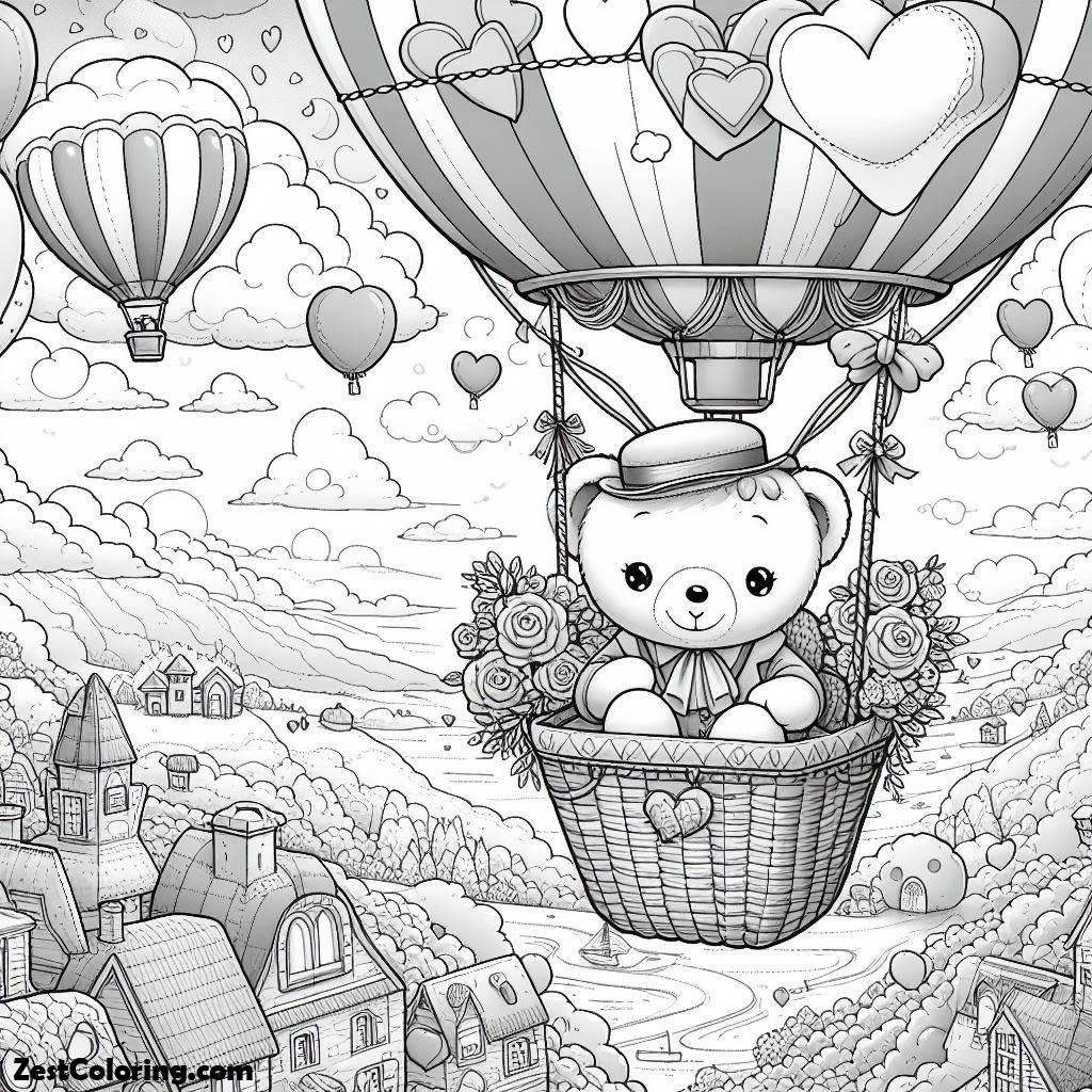 Valentine Day, Valentine’s Day Balloon Ride Coloring Page: Valentine's Day Balloon Ride Coloring PageFull Size Image