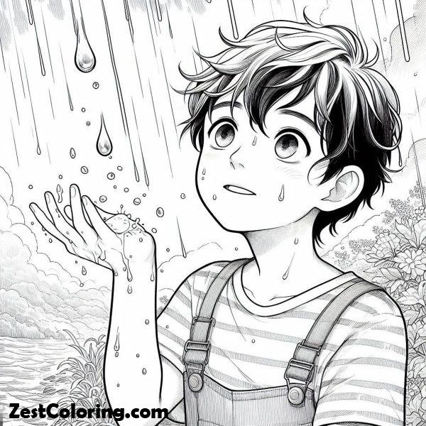 A Boy Catching Raindrop In His Hand Coloring Page : Coloring for Kids ...