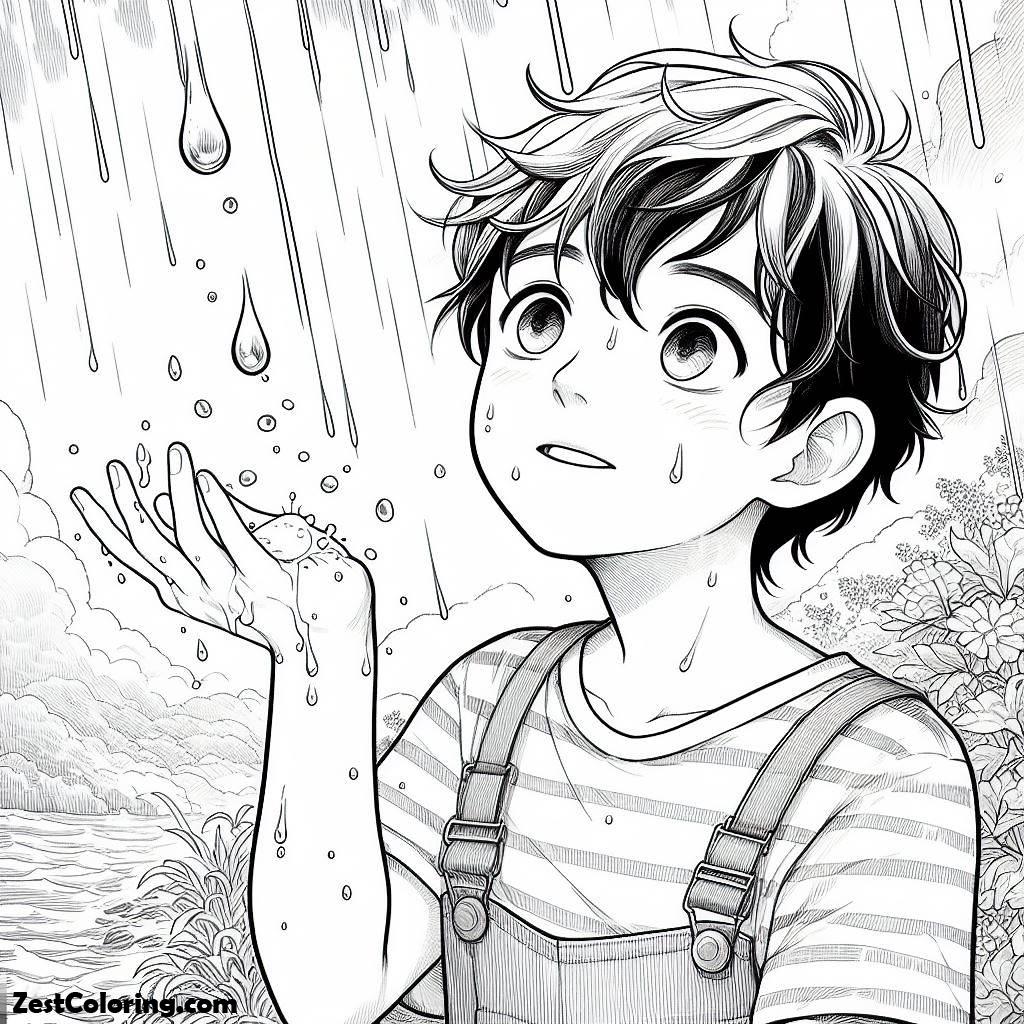 Rain Drop, A Boy Catching Raindrop In His Hand Coloring Page: A Boy Catching Raindrop In His Hand Coloring PageFull Size Image