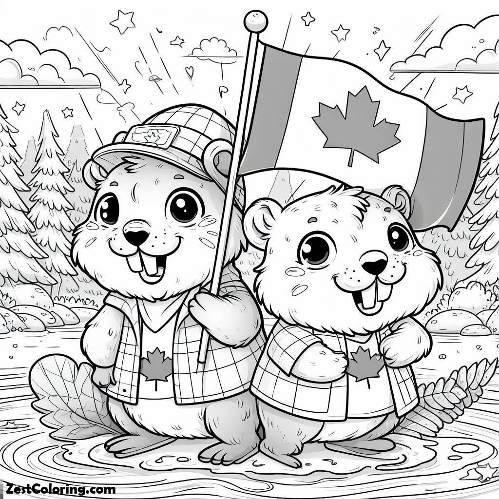 Canada Day, Adorable Beavers Holding Flag For Canada Day Celebration Coloring Pages: Adorable Beavers Holding Flag For Canada Day Celebration Coloring PagesFull Size Image