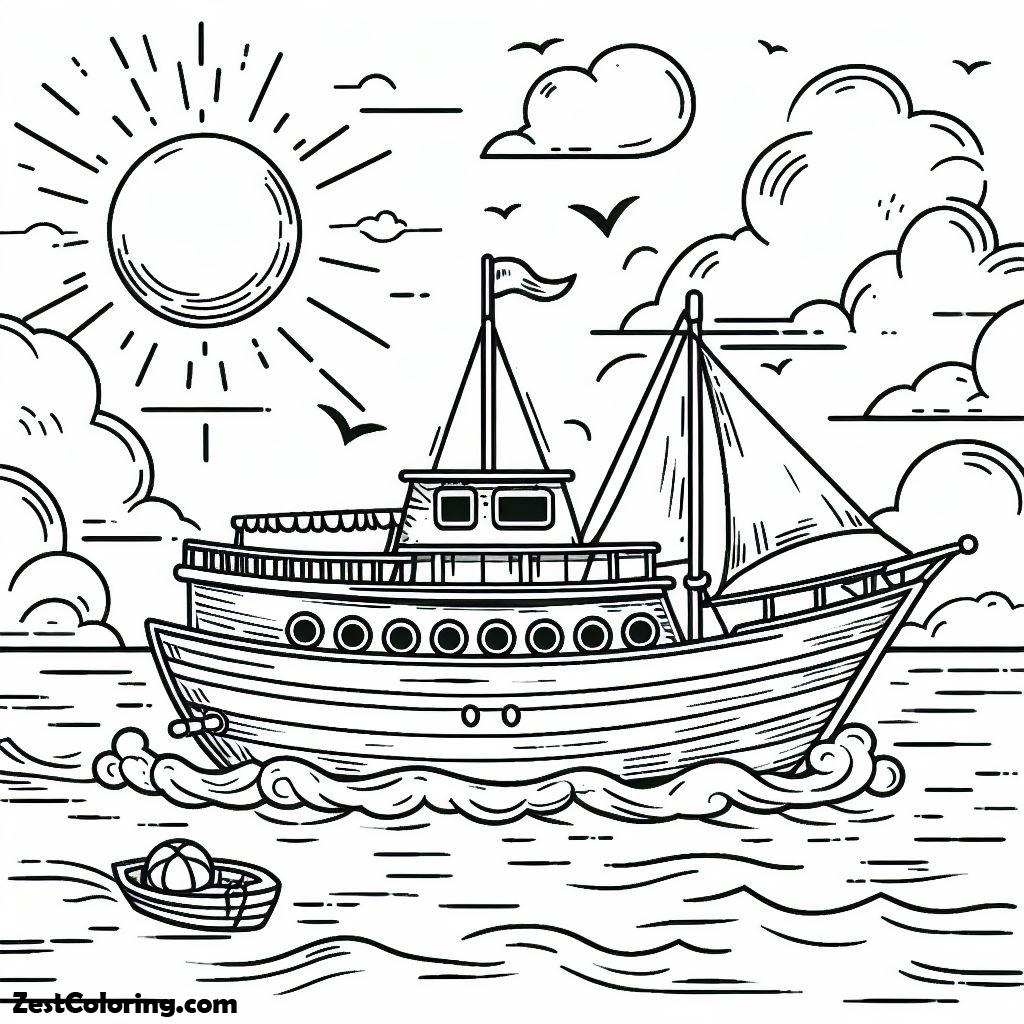 Boat, Boat In Sunny Day Coloring Page: Boat In Sunny Day Coloring PageFull Size Image