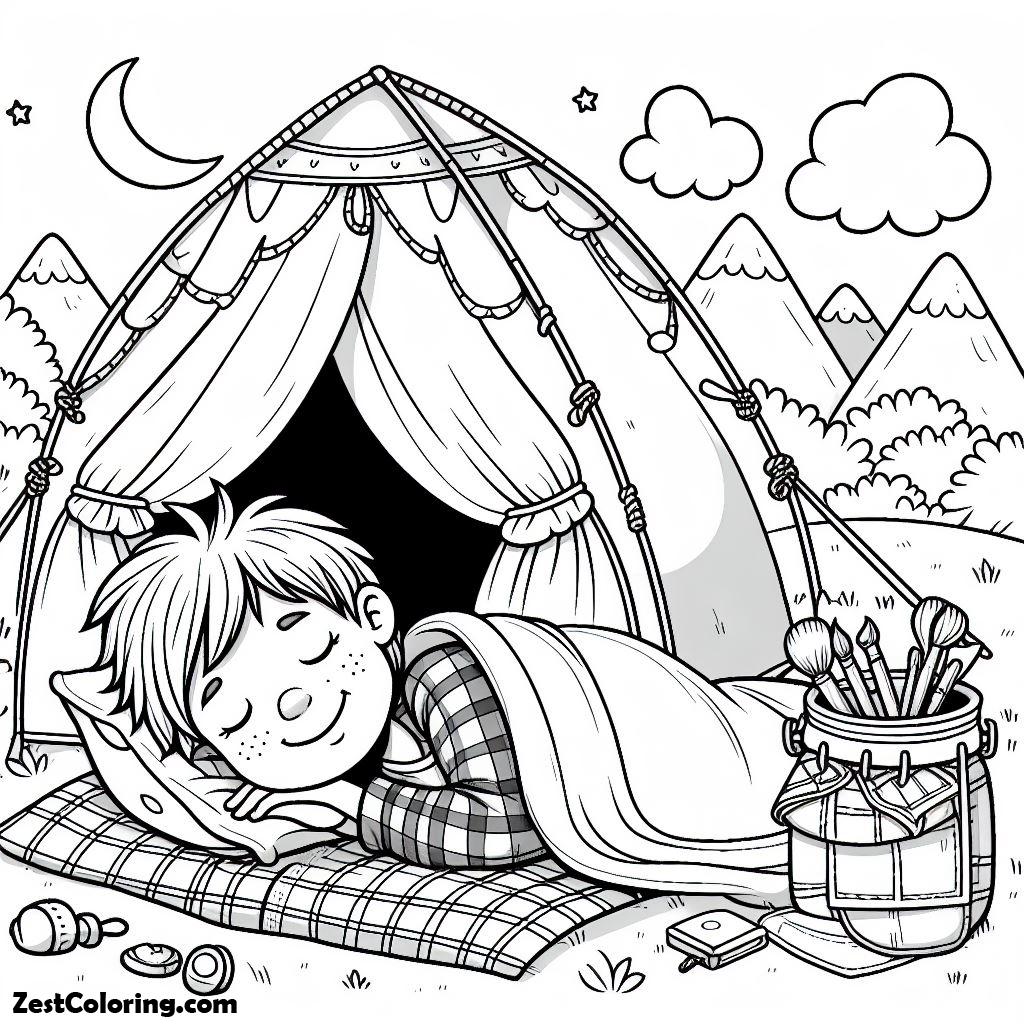 Camping, Boy Sleeping At Camping Tent Coloring Page 3: Boy Sleeping At Camping Tent Coloring Page 3Full Size Image