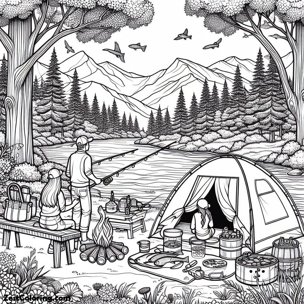 Camping, Camping At Riverside Coloring Page 2: Camping At Riverside Coloring Page 2Full Size Image