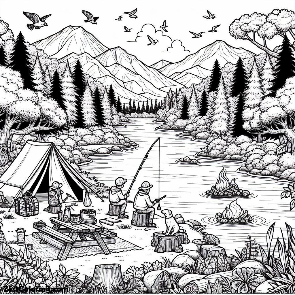 Camping, Camping At Riverside Coloring Page 3: Camping At Riverside Coloring Page 3Full Size Image