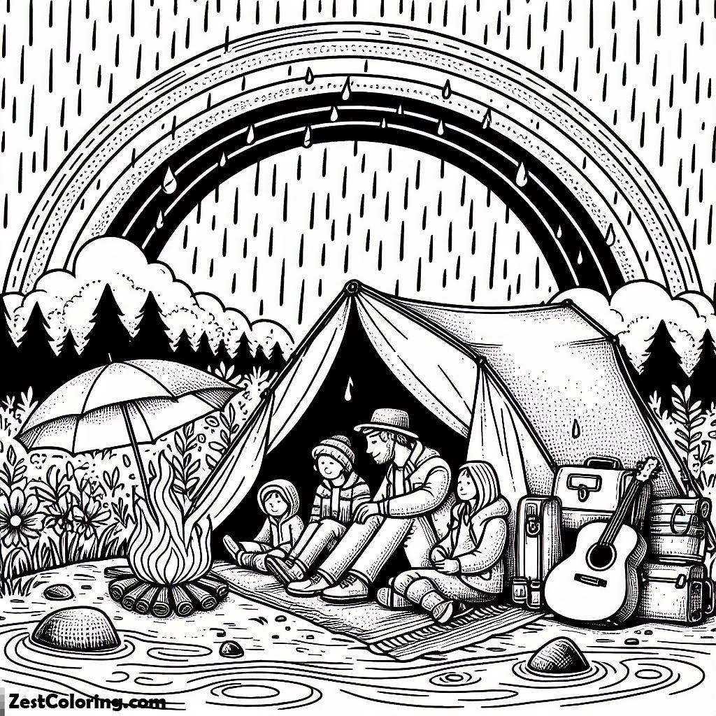 Camping, Camping In The Rain Coloring Page: Camping In The Rain Coloring PageFull Size Image
