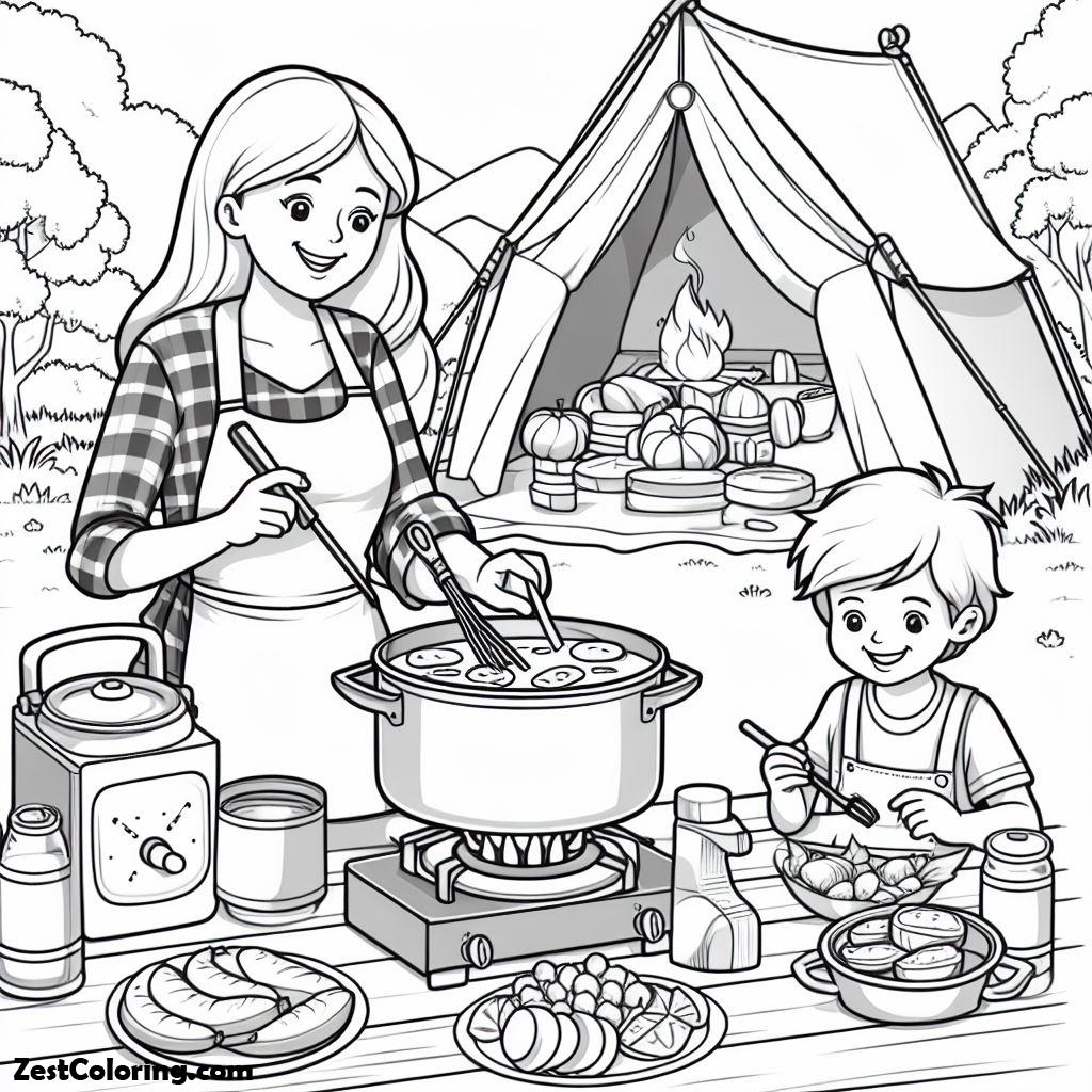 Camping, Helping Mother Cooking At Camping Coloring Page 3: Helping Mother Cooking At Camping Coloring Page 3Full Size Image
