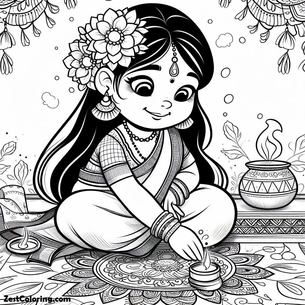 Rangoli, Indian Girl Decorating Rangoli Coloring Page: Indian Girl Decorating Rangoli Coloring PageFull Size Image