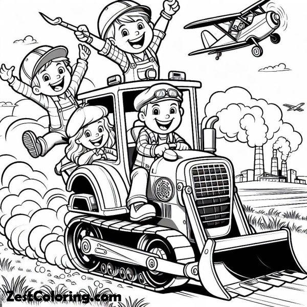 Bulldozer, : Kids Riding Mad Bulldozer Coloring Page