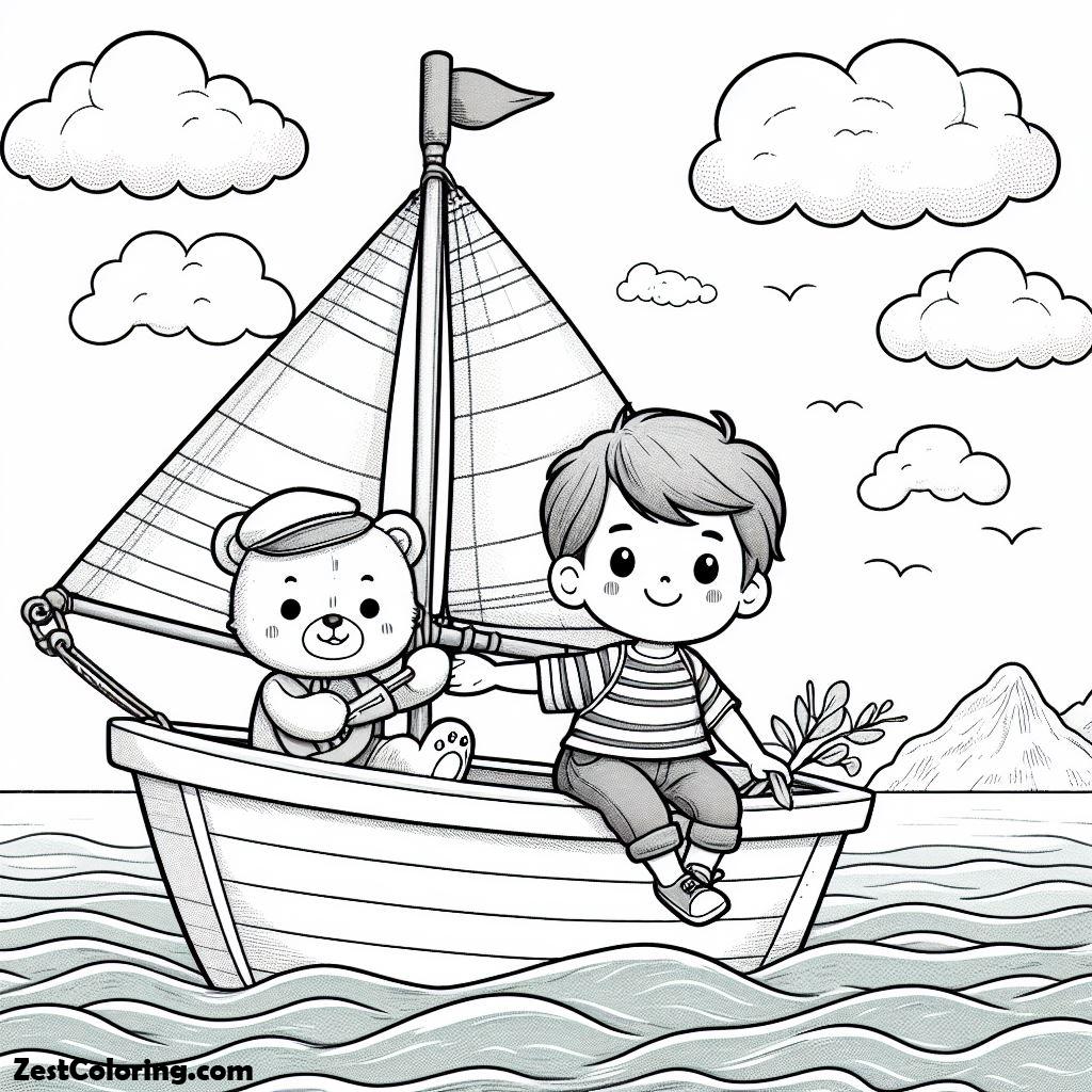 Boat, Little Boy And Teddy Bear Sail The Sea On Boat Coloring Page: Little Boy And Teddy Bear Sail The Sea On Boat Coloring PageFull Size Image