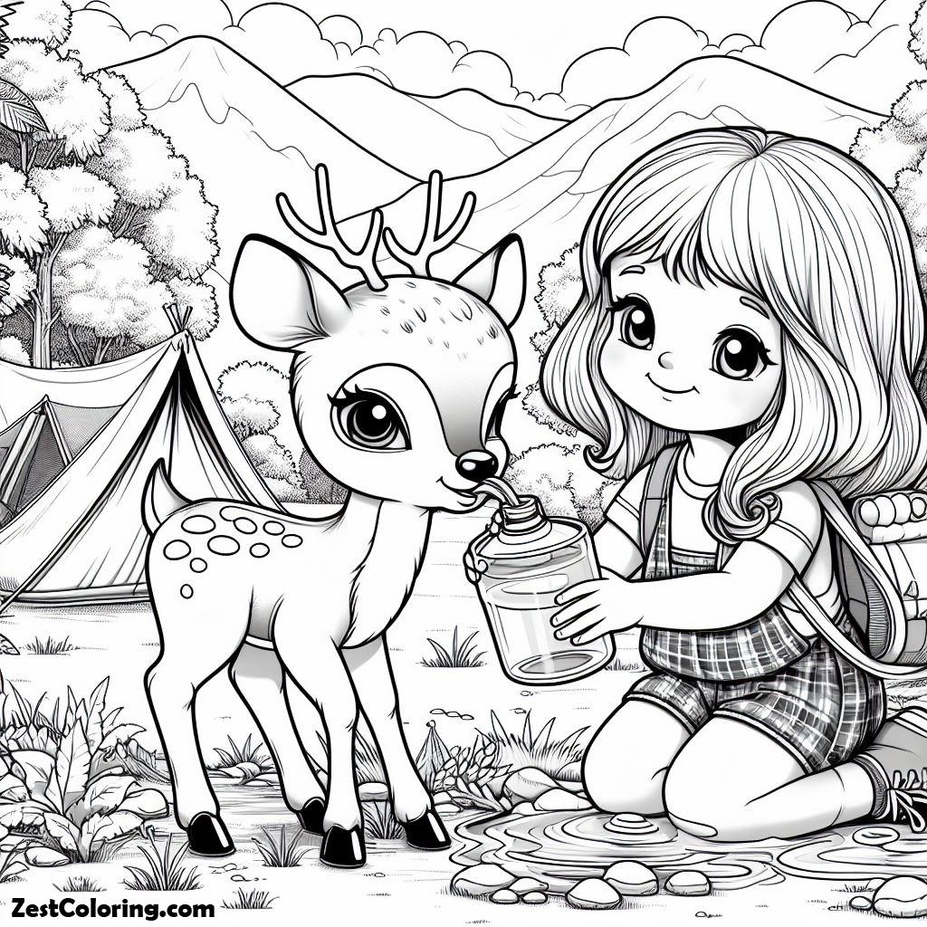 Camping, Little Girl Give Water To Thirsty Fawn When Camping Coloring Page: Little Girl Give Water To Thirsty Fawn When Camping Coloring PageFull Size Image