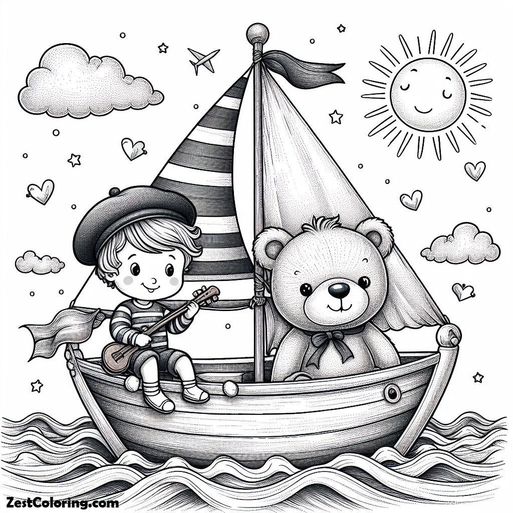 Boat, Little Kid And Teddy Bear Sail The Sea On Boat Coloring Page 3: Little Kid And Teddy Bear Sail The Sea On Boat Coloring Page 3Full Size Image
