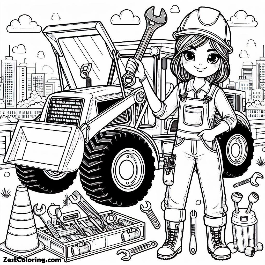 Bulldozer, Mechanic Woman Maintaining Bulldozer Coloring Page: Mechanic Woman Maintaining Bulldozer Coloring PageFull Size Image