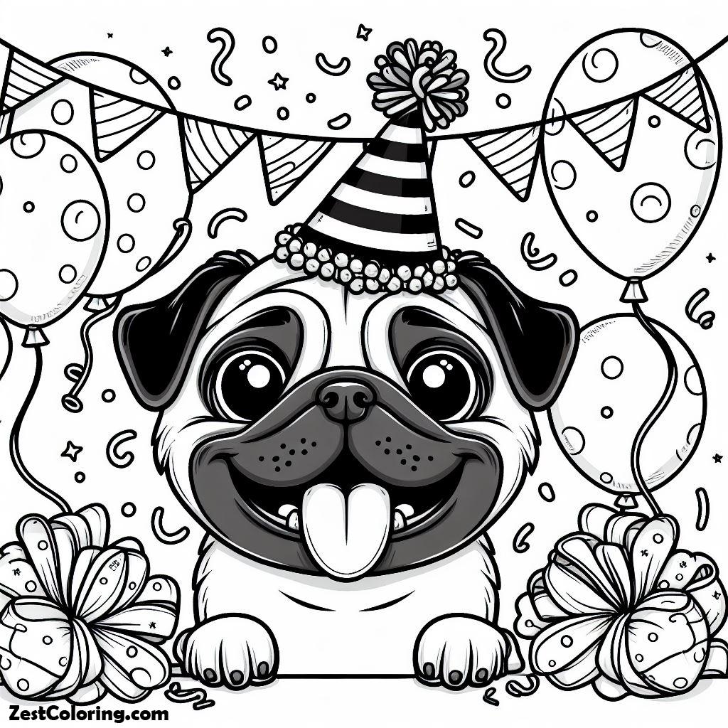 Pug, Pug Dog Excited On His Birthday Coloring Page: Pug Dog Excited On His Birthday Coloring PageFull Size Image