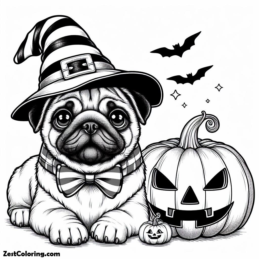 Pug, Pug Dog Sitting With Halloween Pumpkin Coloring Page: Pug Dog Sitting With Halloween Pumpkin Coloring PageFull Size Image