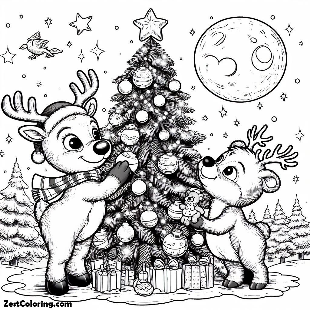 Rudolph, Rudolph The Red Nosed Reindeer Decorating The Christmas Tree With Friend Coloring Page: Rudolph The Red Nosed Reindeer Decorating The Christmas Tree With Friend Coloring PageFull Size Image