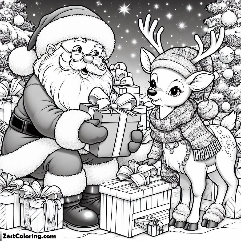 Rudolph, Santa Claus And Rudolph Picking Christmas Present For Kids Coloring Page: Santa Claus And Rudolph Picking Christmas Present For Kids Coloring PageFull Size Image