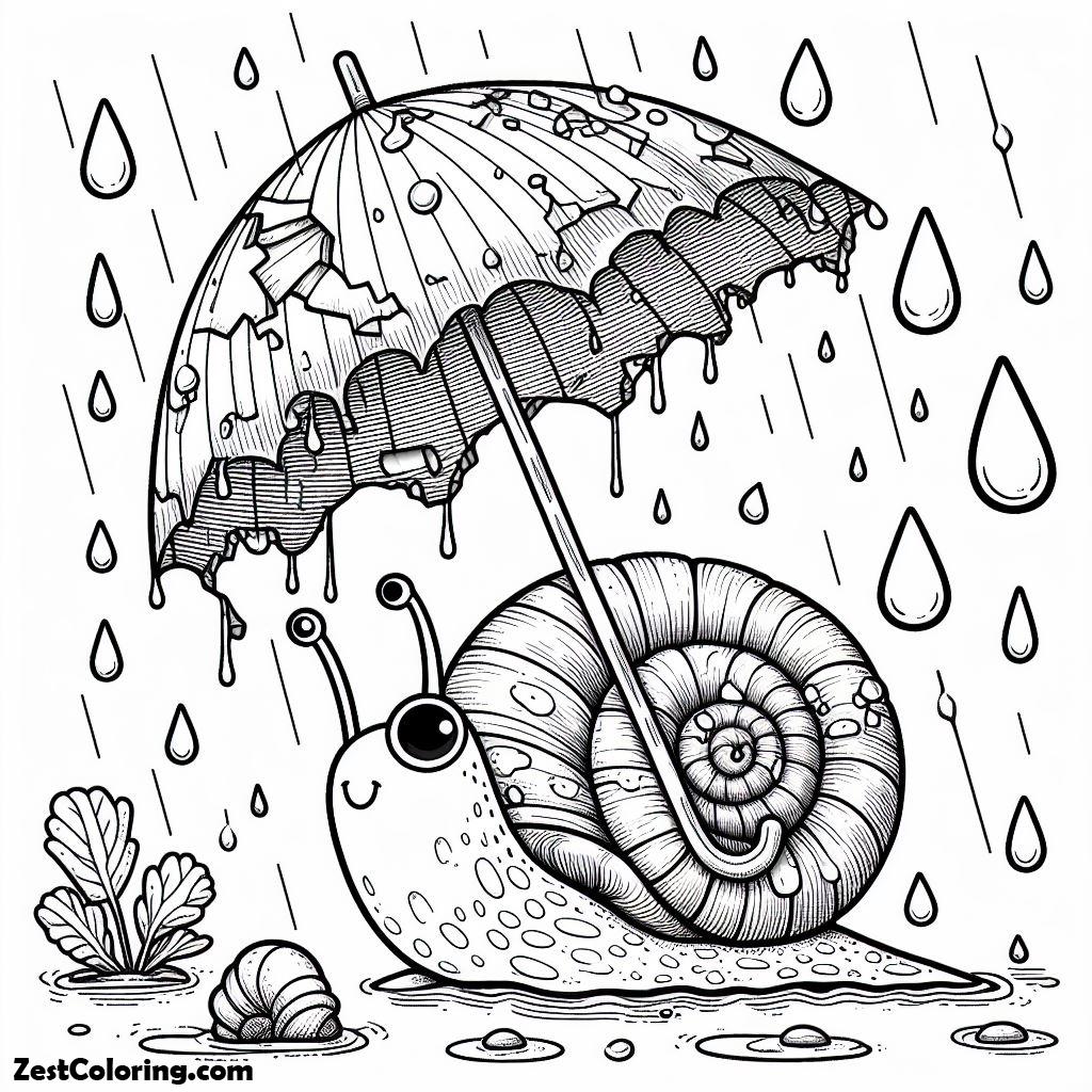 Rain Drop, Snail With Broken Umbrella In Raindrop Coloring Page: Snail With Broken Umbrella In Raindrop Coloring PageFull Size Image