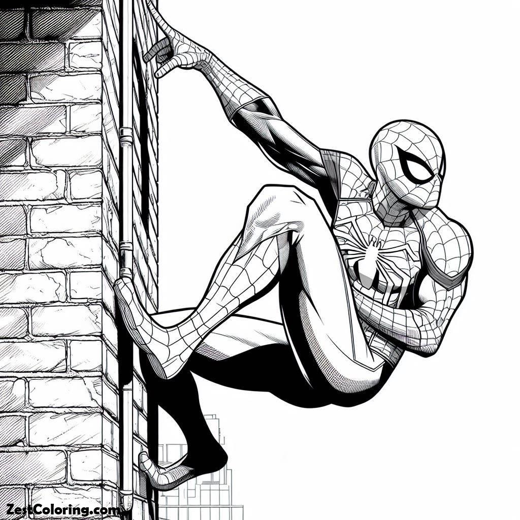 Spiderman, Spiderman Climbing Side Of Wall Coloring Page: Spiderman Climbing Side Of Wall Coloring PageFull Size Image