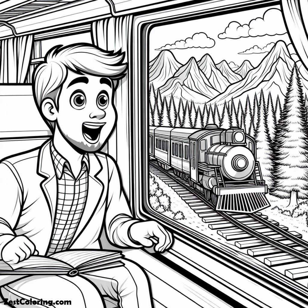 Rail Road, Surprised Man In The Train On Railroad Coloring Page: Surprised Man In The Train On Railroad Coloring PageFull Size Image