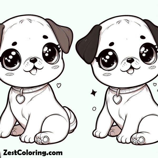 Pug, : Two Chibi Pug Dogs Coloring Page