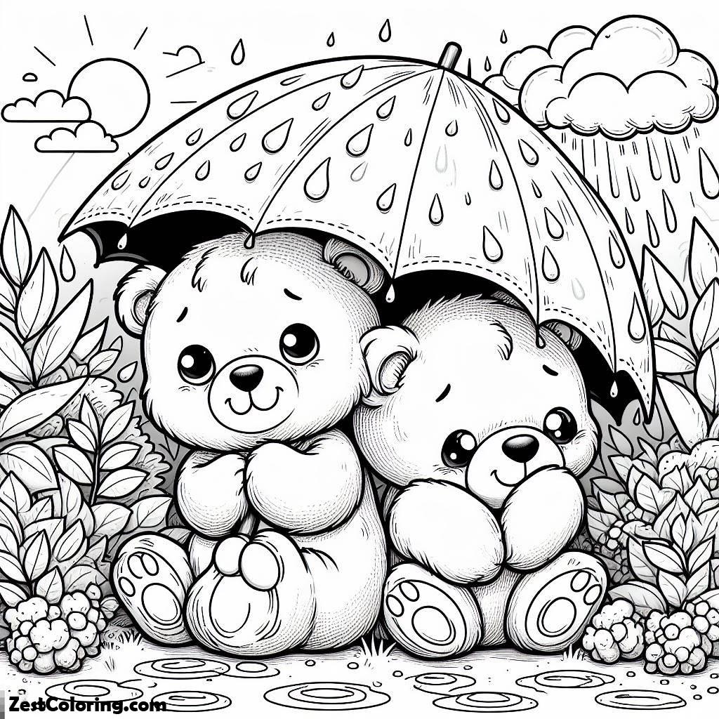 Rain Drop, Two Cute Bears Enjoy Looking At Raindrop Coloring Page: Two Cute Bears Enjoy Looking At Raindrop Coloring PageFull Size Image