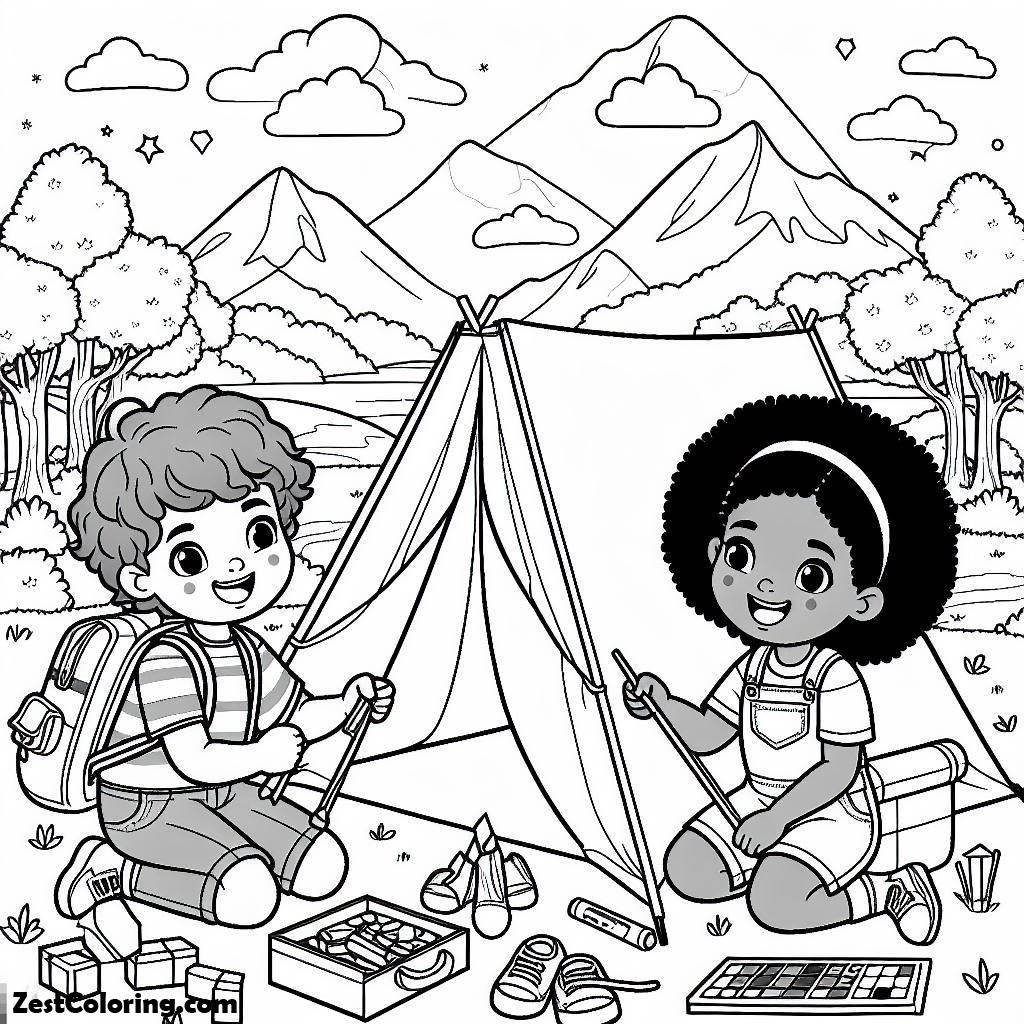 Camping, Two Kids Building Camping Tent Coloring Page: Two Kids Building Camping Tent Coloring PageFull Size Image